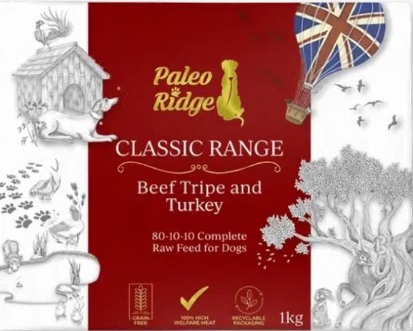 Red packaging of Paleo Ridge dog food with UK flag.