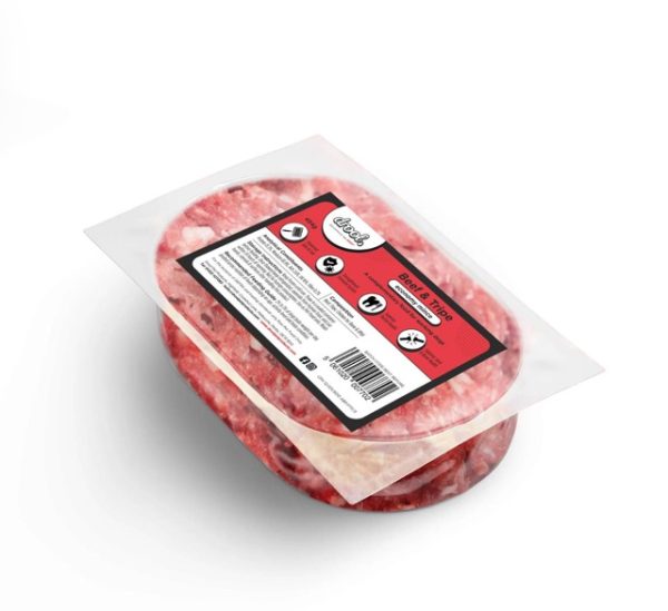 Beef & Tripe 454g Frozen Patties in Red Labeled Pack.